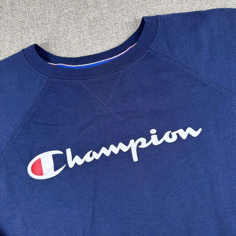 Champion Authentic Crewneck Sweatshirt Mens XL Navy Blue Script Spell Out Fleece